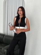 Osy Modal Yumuşak Dokulu Kumaş Tam Fermuarlı Crop Pantalon İkili Takım - Siyah resmi